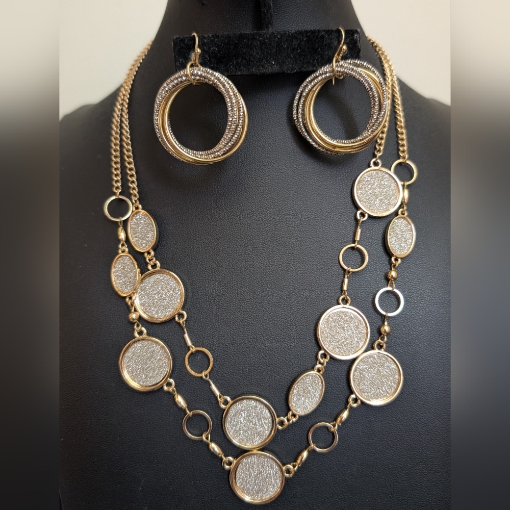 #30. Two-Tone Gold & Silver Sparkle Disc Necklace and Hoop Earring Set